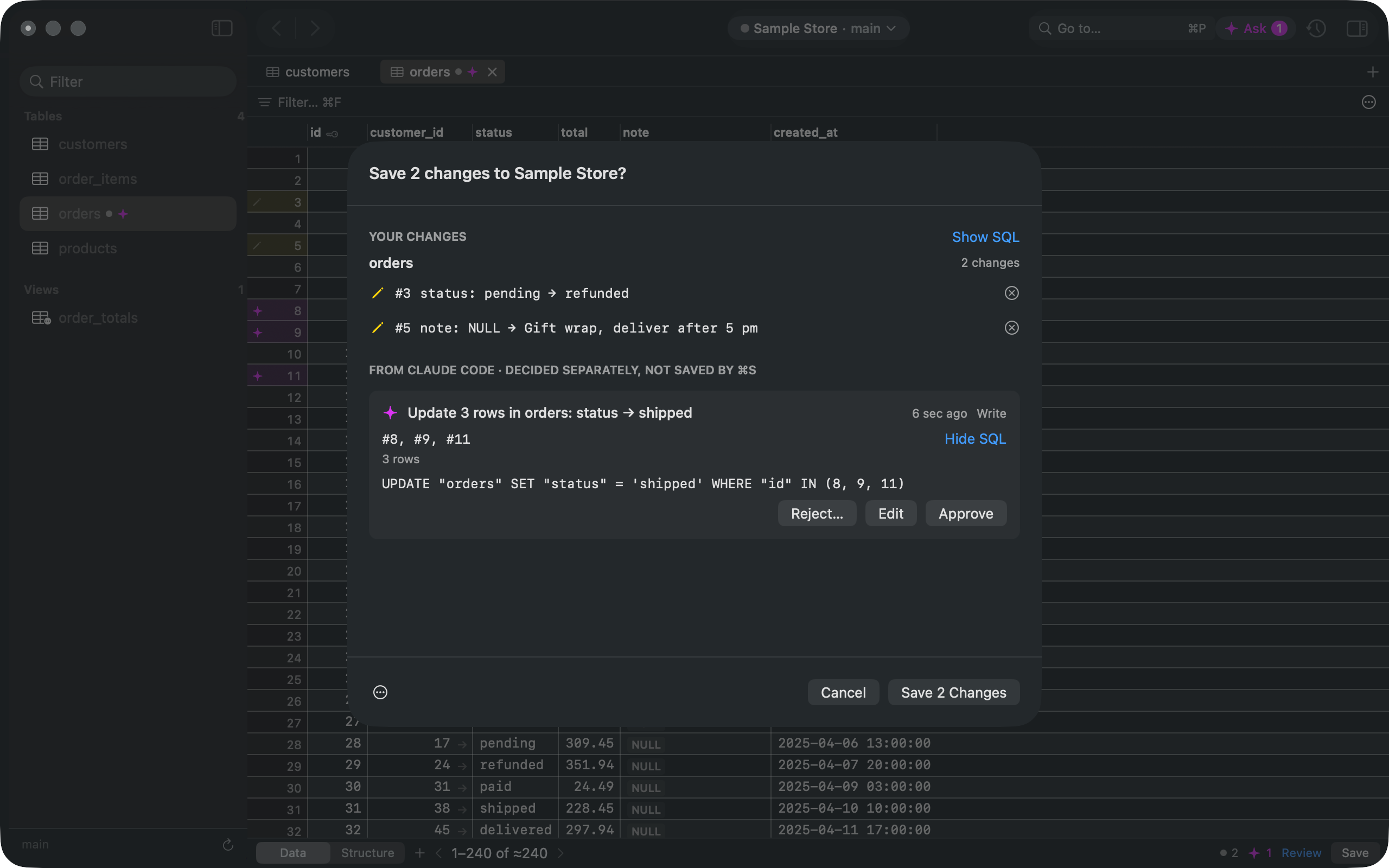 The Save sheet in Gadwal: your two changes to orders are listed, and below them a change from Claude Code, “Update 3 rows in orders”, shows its exact UPDATE statement with Reject, Edit and Approve buttons.
