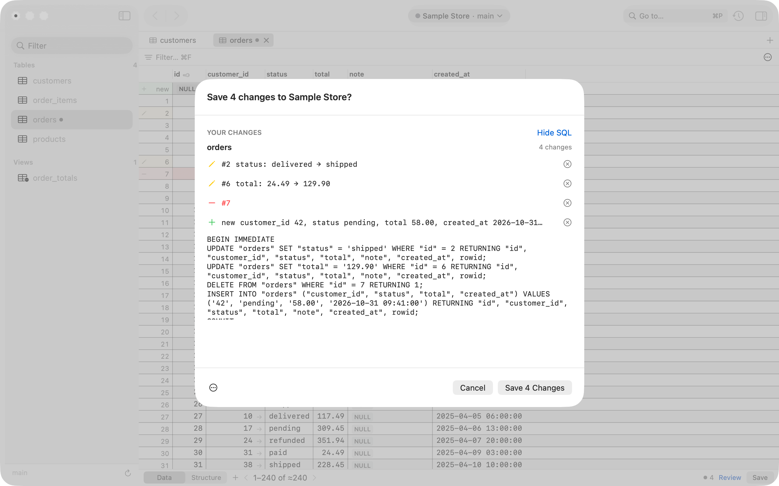 The Save 4 changes sheet with the generated SQL shown: two UPDATE statements, a DELETE and an INSERT inside one transaction.
