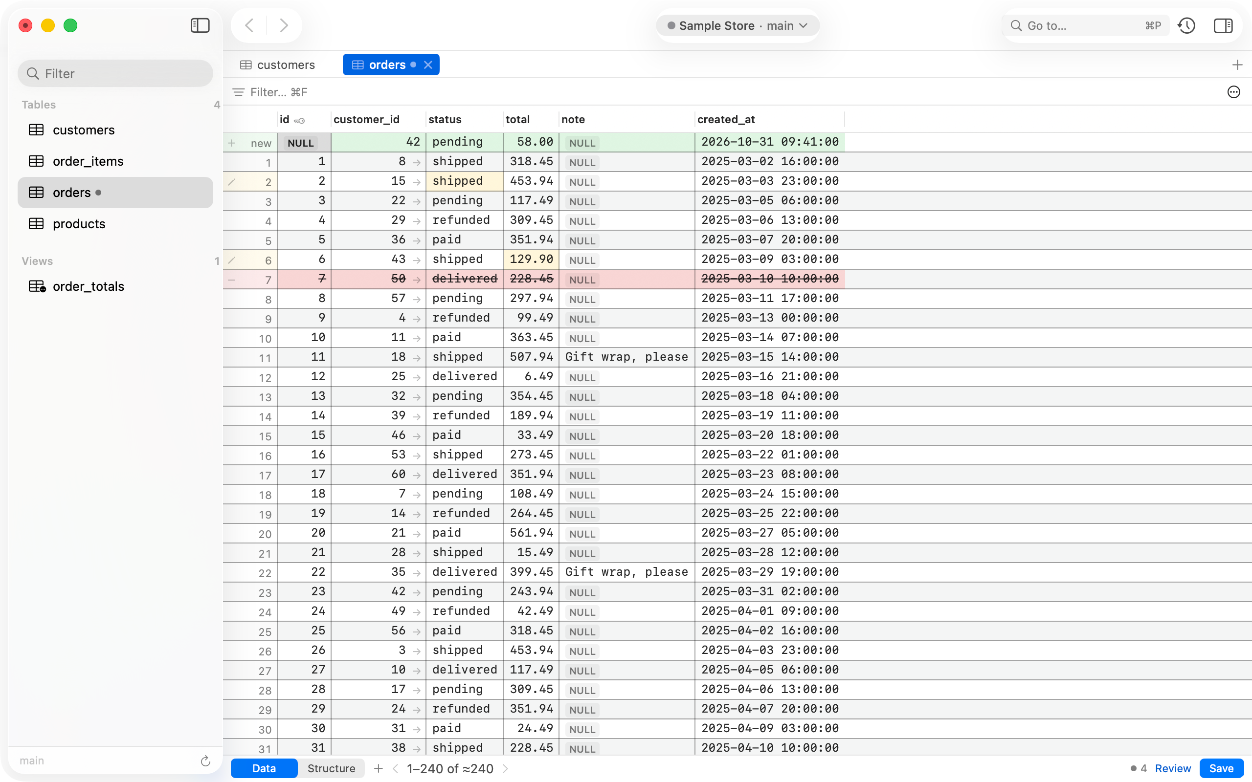 Gadwal in light mode showing the orders table with staged edits: one new row at the top, two edited cells and one row marked for deletion, waiting for Save.