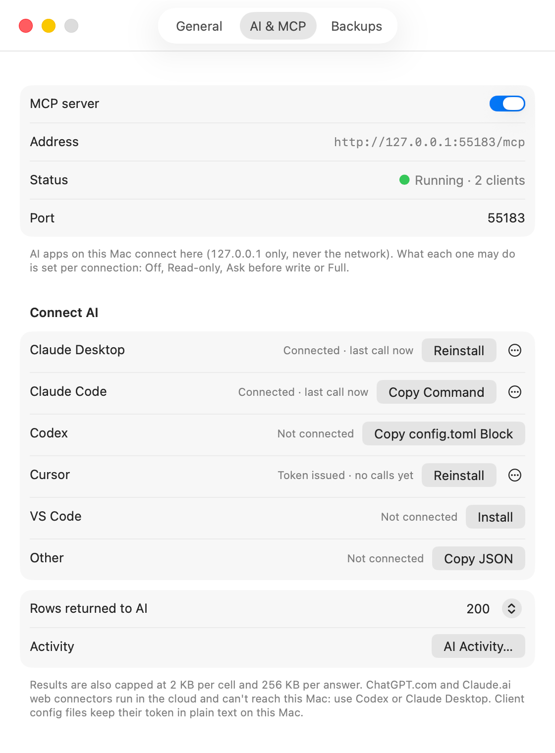 Settings, AI & MCP tab: the MCP server is on at http://127.0.0.1:55183/mcp and running with 2 clients. The Connect AI list has rows for Claude Desktop, Claude Code, Codex, Cursor, VS Code and Other.