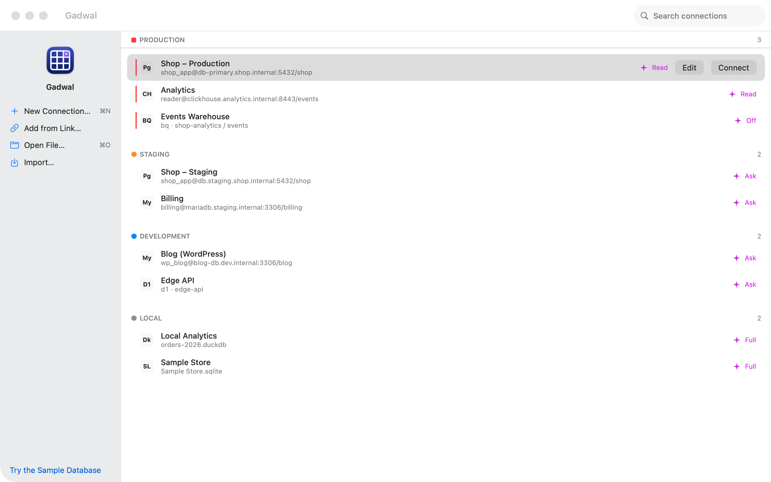 The Connections window grouping saved connections by environment: Production, Staging, Development and Local, across Postgres, ClickHouse, BigQuery, MariaDB, MySQL, D1, DuckDB and SQLite.
