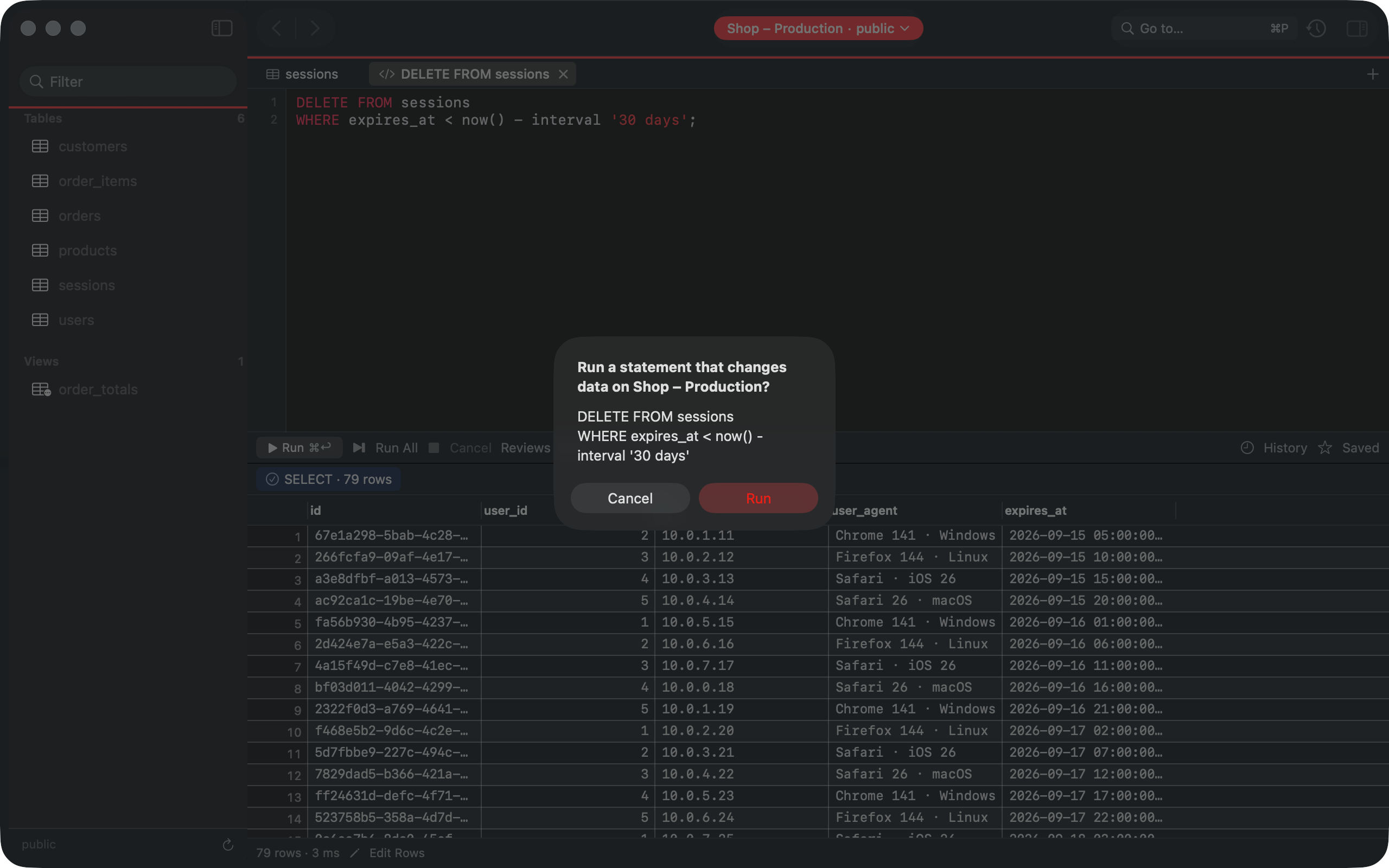 Running a DELETE on a Production connection: Gadwal asks “Run a statement that changes data on Shop – Production?” before anything runs.
