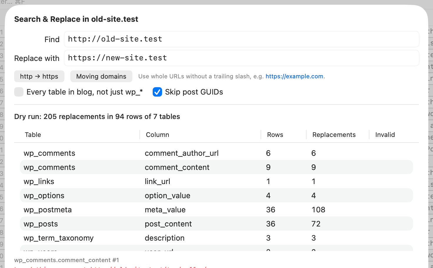 WordPress search and replace from http://old-site.test to https://new-site.test, with a dry run of 205 replacements in 94 rows of 7 tables, listed per table and column.