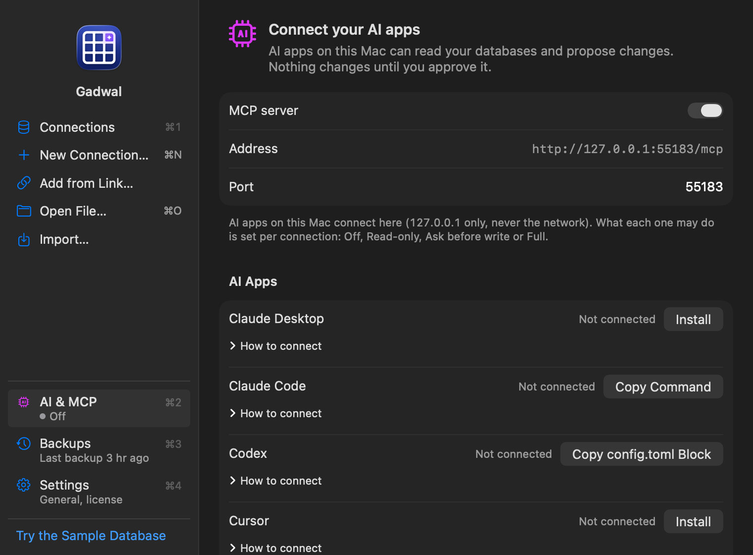 The Home window's AI & MCP page in dark mode: a sidebar with Connections, AI & MCP (Off), Backups and Settings, and the page “Connect your AI apps” with the MCP server switch, the address http://127.0.0.1:55183/mcp, port 55183, and AI Apps rows for Claude Desktop (Install), Claude Code (Copy Command), Codex (Copy config.toml Block) and Cursor (Install), each with “How to connect”.