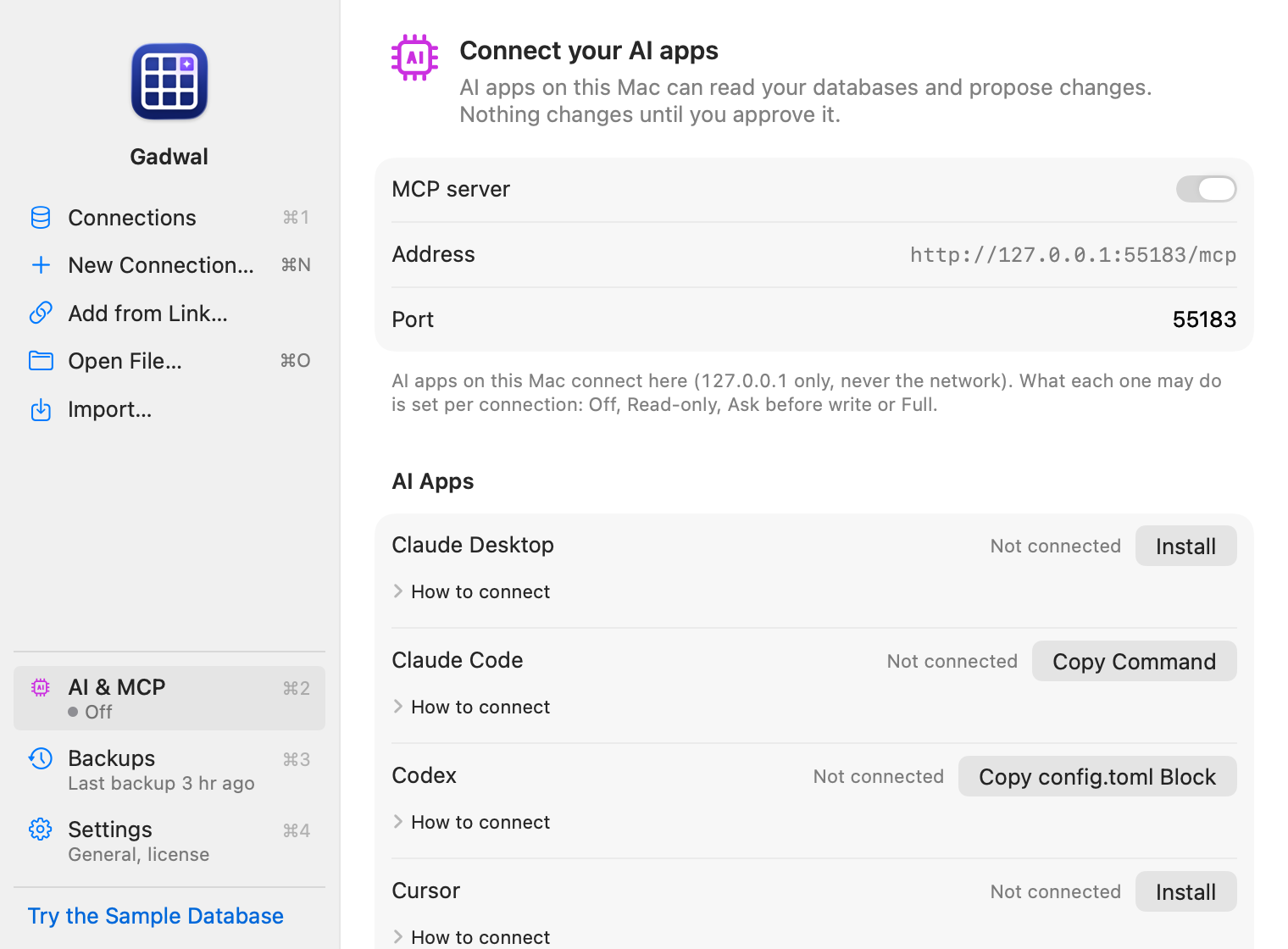 The Home window's AI & MCP page in light mode: a sidebar with Connections, AI & MCP (Off), Backups and Settings, and the page “Connect your AI apps” with the MCP server switch, the address http://127.0.0.1:55183/mcp, port 55183, and AI Apps rows for Claude Desktop (Install), Claude Code (Copy Command), Codex (Copy config.toml Block) and Cursor (Install), each with “How to connect”.