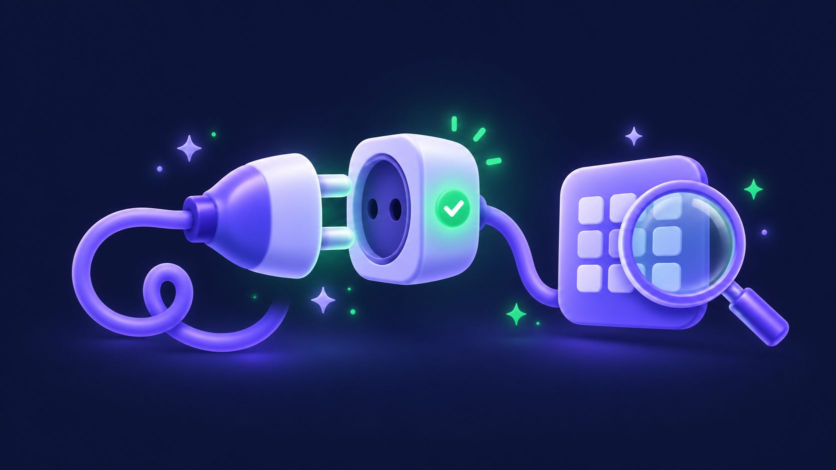 Illustration: a plug about to meet a socket with a green check light, beside a magnifying glass over a grid tile.
